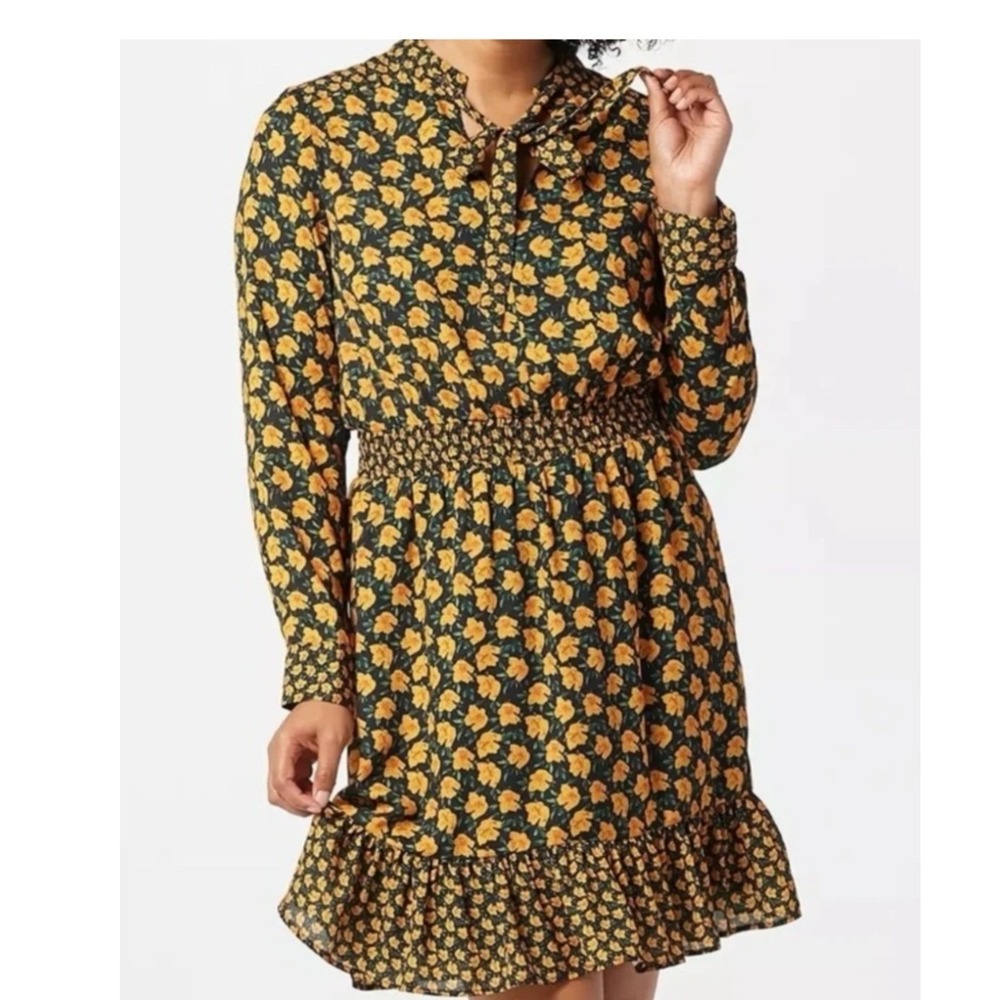 Sam Edelman Womens Yellow Floral Tie Neck Smocked Waist Ruffle Mini Dress Large